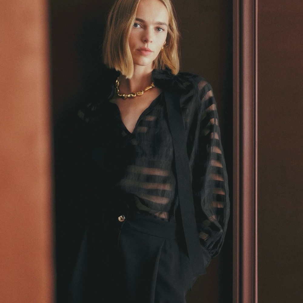 Sezane Black Sheer Striped Blouse